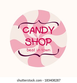 Cute banner made of doodle caramel candy with text box in shape of curved brackets. Cartoon flat candy icon.