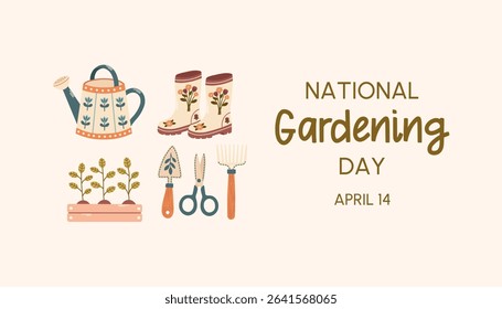 Cute banner for National Gardening Day with hand drawn garden tools, rubber boots, watering can, seedlings on soft beige background for website, social media. Vector cottagecore illustration.