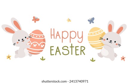 Cute banner on the theme of Easter holiday. Cute Easter bunnies holding colored eggs, the inscription "Happy Easter. 