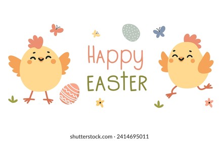 Cute banner on the theme of Easter holiday. Cute chickens and Easter eggs, the inscription Happy Easter. 
