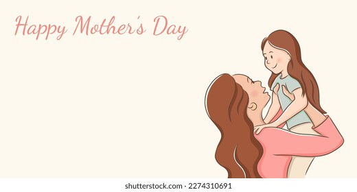 Cute banner in pastel colours with copy space. Mother holds her daughter. Mom with child. Motherhood concept. Mother’s Day. Vector illustration in sketch hand drawn style