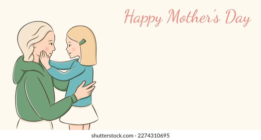 Cute banner in pastel colours with copy space. Sweet mother look at her little daughter. Scandinavian mom with her child. Motherhood concept. Mother’s Day. Vector hand drawn illustration
