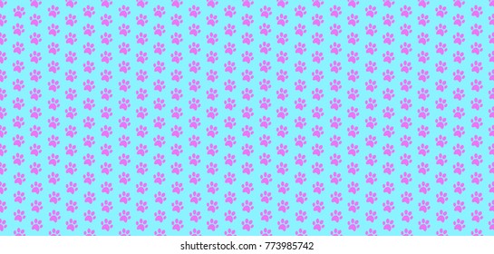 Cute banner with pink seamless pattern of animal footprints on light blue background. Vector illustration, template, wallpaper.