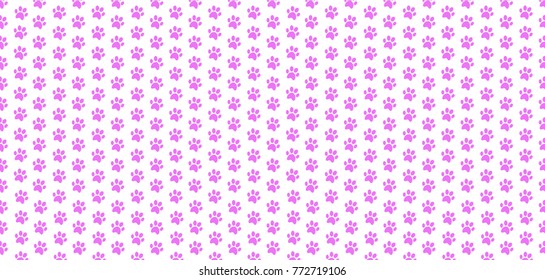 Cute banner with seamless pattern of rose animal paw prints on white background. Vector illustration, poster, template, wallpaper.