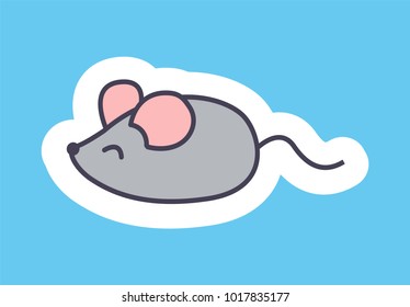 Cute banner with small mouse vector illustration of pretty grey animal with round pink ears and short tail, white framing, isolated on blue background