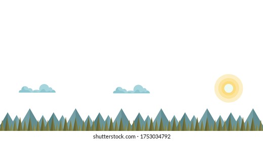 Cute plantilla de banner con nubes azules, sol, montañas, bosque de abetos y espacio de copia. Fondo blanco. Ilustración de estilo plano.