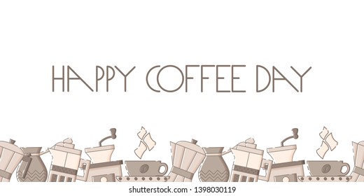 Cute banner template with a gazer coffee maker, cezve, french press, grinder, mug with saucer and hand drawn lettering. White background. Flat linear style illustration. Vector.