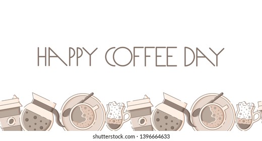 Cute banner template with a to go cup, pot, mug, glass and hand drawn lettering. White background. Flat linear style illustration. Vector.