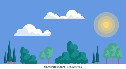 Plantilla de banner con un paisaje: cielos azules, sol, árboles verdes, arbustos, abetos y nubes blancas. Ilustración de estilo plano.