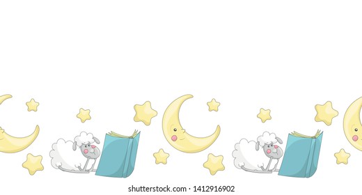 Cute banner template with moon, stars, sheep reading a book and copy space. White background. Cartoon style illustration. Vector.
