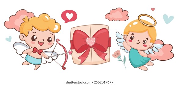 Cute banner for Valentine's Day. Angels, heart, gift isolated on white background. Background, poster, banner for website, poster, advertising, social media.
