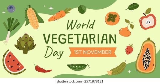 Cute banner with vegetables. World vegetarian day.Carrots, garlic, spinach, peas, onions, beets, corn, tomato, broccoli, pumpkin, radish, avocado, cabbage.