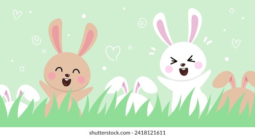 Cute banner with a white and beige rabbit peeking out of the grass. Animal characters in cartoon style. Vector illustration for the spring holiday of Easter.