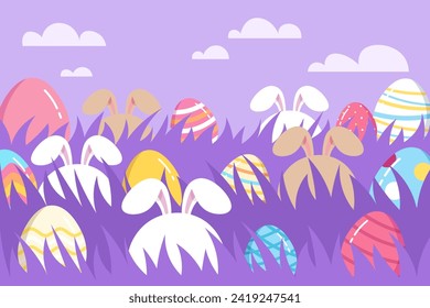Cute banner with a white and beige rabbit peeking out of the grass. Animal characters in cartoon style. Vector illustration of a lawn with colorful patterned eggs for the spring holiday of Easter.