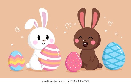 Cute banner with white and brown rabbit, Easter eggs of different colors in different patterns. Animal characters in cartoon style. Vector illustration for the spring holiday Easter.