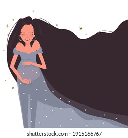 Cute banner with a young pregnant woman in a beautiful dress and long hair, place for text. Maternity, pregnancy. Cartoon illustration, vector.