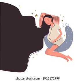 Cute banner with a young pregnant woman in fashionable pajamas and long hair sleeping on a maternity pillow, place for text. Pregnancy, motherhood. Cartoon illustration, vector.