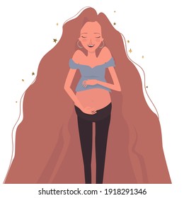 Cute banner with a young pregnant woman with long hair, place for text. Pregnant, pregnancy. Cartoon illustration, vector.