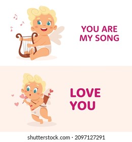 Cute banners with Cupid character in different poses. Amur babies. Vector characters