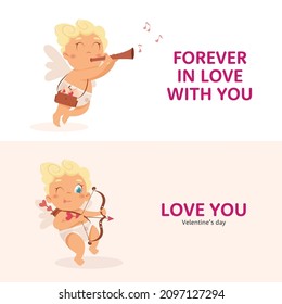 Banderas cortas con carácter cupido en diferentes poses. Amur bebés. Caracteres vectoriales