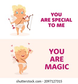 Cute banners with Cupid character in different poses. Amur babies. Vector characters