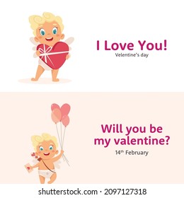 Banderas cortas con carácter cupido en diferentes poses. Amur bebés. Caracteres vectoriales