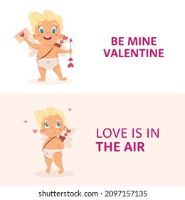 Cute banners with Cupid character in different poses. Amur babies. Vector characters