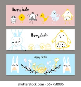 Cute banners with hand drawn easter illustrations
