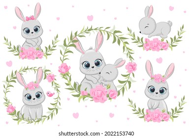 Cute banny with flowers and a wreath. Cartoon vector illustration. A set of drawings.