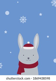 Cute banny in a hat and scarf with snowflakes on the background. Vector illustration