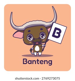 Cute banteng holding flag with letter B for fun educational purposes, illustrations