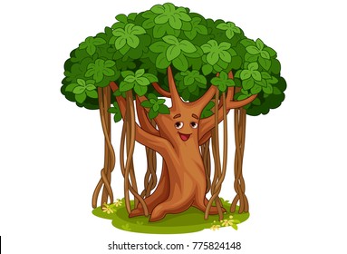 Cute banyan tree cartoon illustration