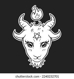 Cute baphomet head on black background. Vector drawing of baby demon goat with pentagram on forehead