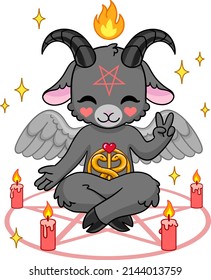 Cute Baphomet with pentagram and candles. Goat as occult satanic symbol. Isolated vector illustration.