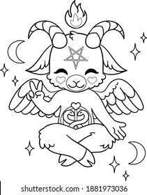 Cute Baphomet with pentagram, fire and crescent moons. Goat as satanic symbol. Isolated outline for coloring page.