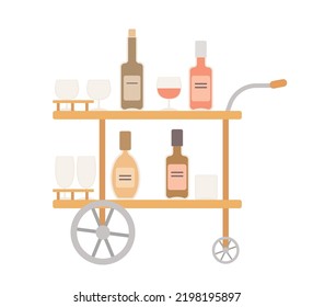 Cute Bar Cart With Alcohol. Home Interior Concept. Cartoon Flat Style. Vector Illustration