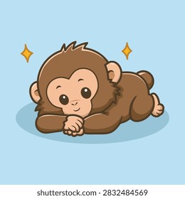 Cute Barbary macaque monkey lying down in a playful kawaii style.