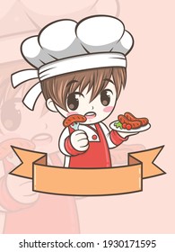 Chico cocinero de barbacoa con una salchicha a la parrilla - personaje de dibujos animados e ilustración del logo