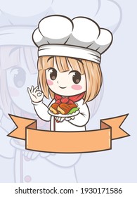 Cute barbecue chef girl holding a grilled chicken - cartoon character and logo illustration 