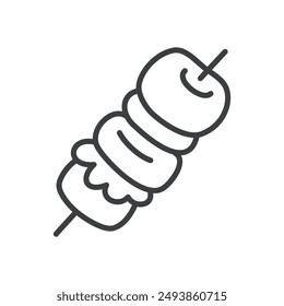 Cute barbeque icon. Hand drawn monochrome illustration of a kebab grilled on a skewer isolated on a white background. Vector 10 EPS.