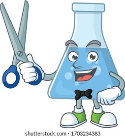 Cute Barber blue chemical bottle cartoon character style with scissor