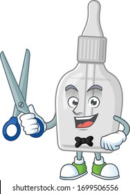 Cute Barber bottle with pipette cartoon character style with scissor