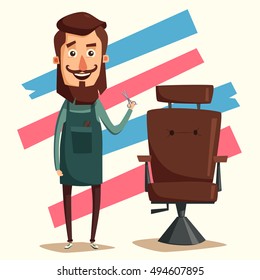 Cute barber character. Barber shop. Cartoon vector illustration. Lounge chair. Scissors in hand. Vintage hairstyle.