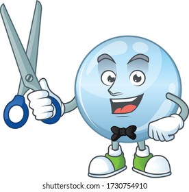 Cute Barber collagen droplets cartoon character style with scissor