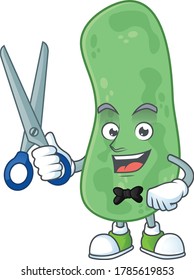 Cute Barber enterobacteriaceae cartoon character style with scissor. Vector illustration
