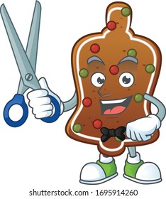 Cute Barber gingerbread bell cartoon character style with scissor