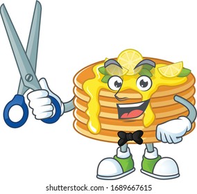 Cute Barber lemon cream pancake cartoon character style with scissor