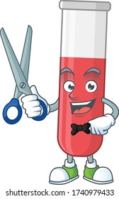Cute Barber rote Reagenzröhre Zeichentrickstil mit Schere