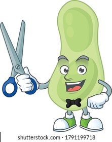 Estilo del personaje de dibujos animados Cute Barber staphylococcus pneumoniae con tijera. Ilustración del vector