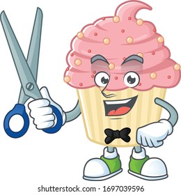 Cute Barber strawberry cupcake cartoon character style with scissor